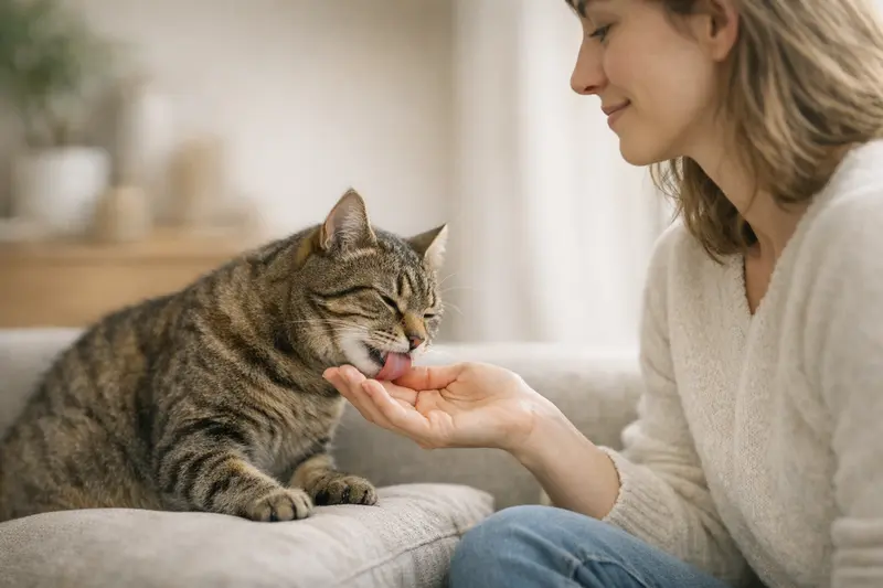 Eine Katze leckt sanft die Hand ihres Besitzers als Zeichen von Vertrauen.