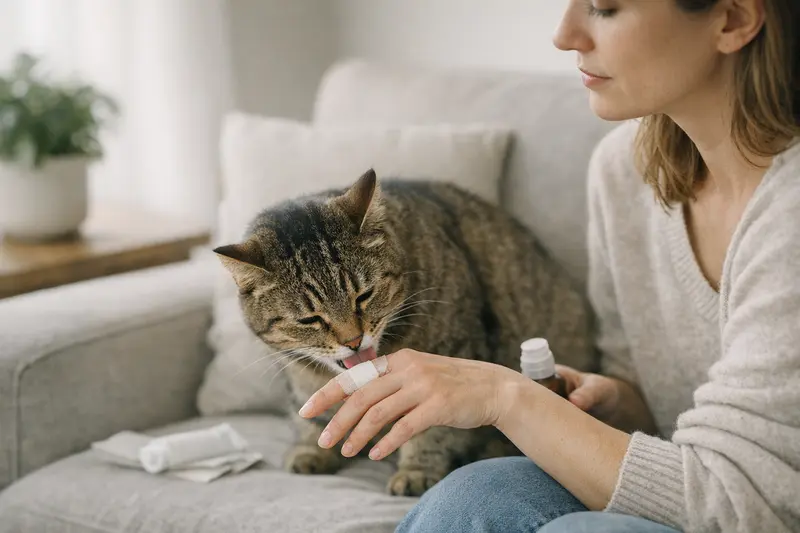 Katze beim Lecken - Hygiene und Gesundheit Eine Katze leckt ihre Pfote und zeigt damit typisches Verhalten, das discutiert wird.