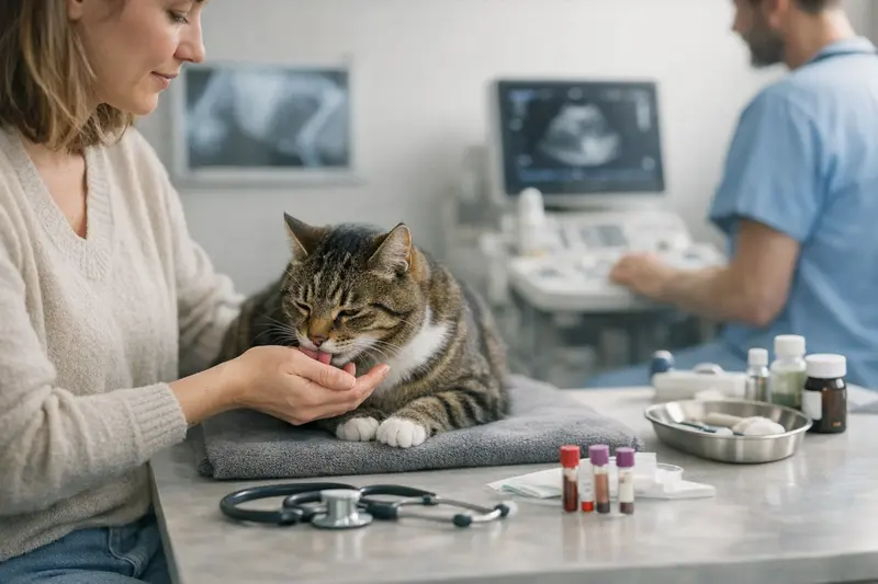 Tierarztkosten Katzen Eine Katze wird beim Tierarzt gründlich untersucht und erhält eine Diagnose.