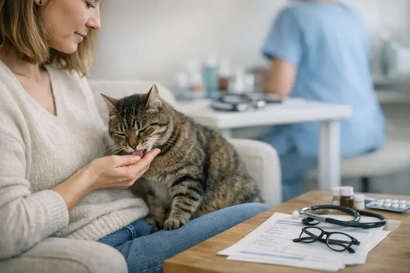 Eine Katze wird von ihrem Besitzer liebevoll gestreichelt, was auf die Bindung und den Umgang mit Tierarztkosten hinweist.