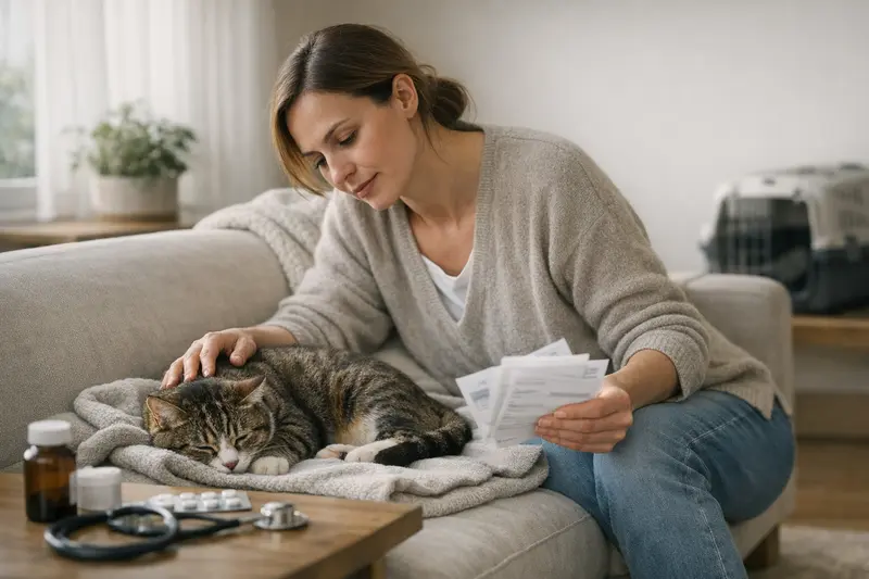 Katzenversicherung Selbstbeteiligung Magen-Darm Eine Katze sitzt neugierig vor einem Tierarztpraxis-Schild, während eine Diskussion über Selbstbeteiligung bei Magen-Darm-Beschwerden stattfindet.
