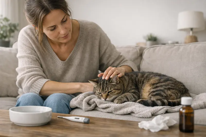 Katzengesundheit: Erbrechen und Durchfall Eine besorgte Katze mit Anzeichen von Erbrechen auf einem Teppich.