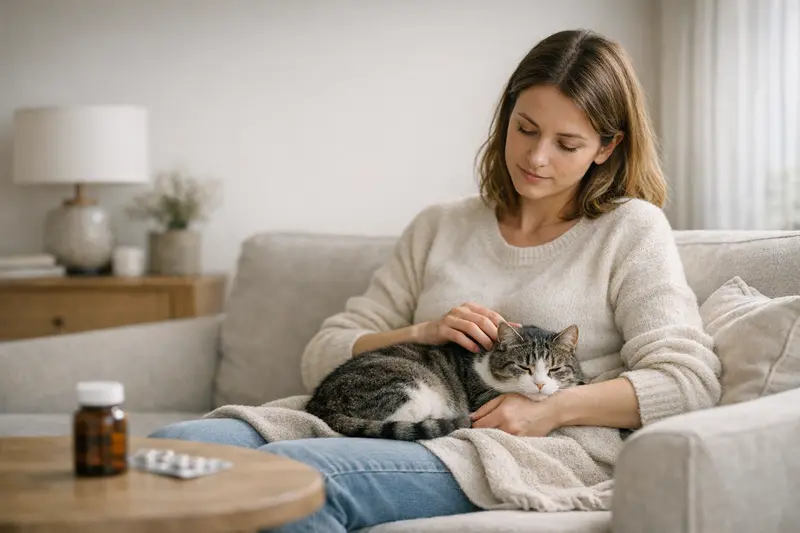 Wartezeiten und Vorerkrankungen in der Katzenversicherung Katzenbesitzerin informiert sich über Wartezeiten bei der Katzenversicherung