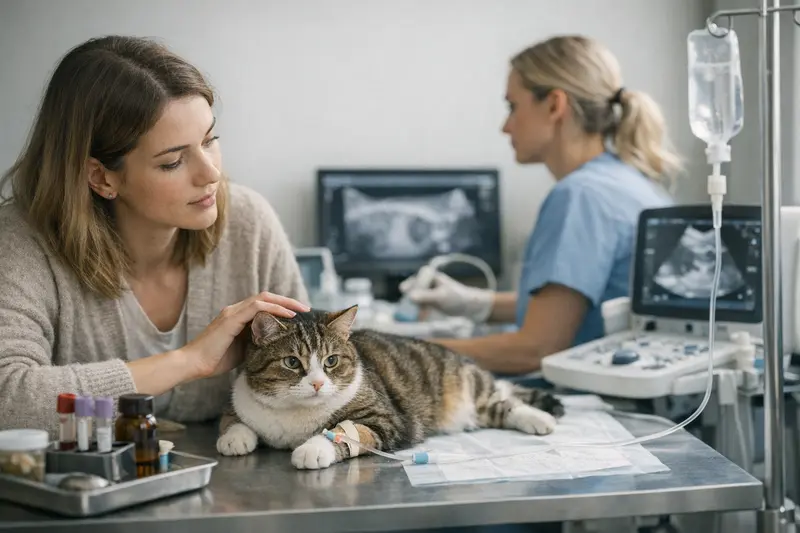 Katzenuntersuchung bei Magen-Darm-Problemen Tierarzt bei der Untersuchung einer Katze mit Magen-Darm-Problemen und verschiedenen diagnostischen Gerätschaften.