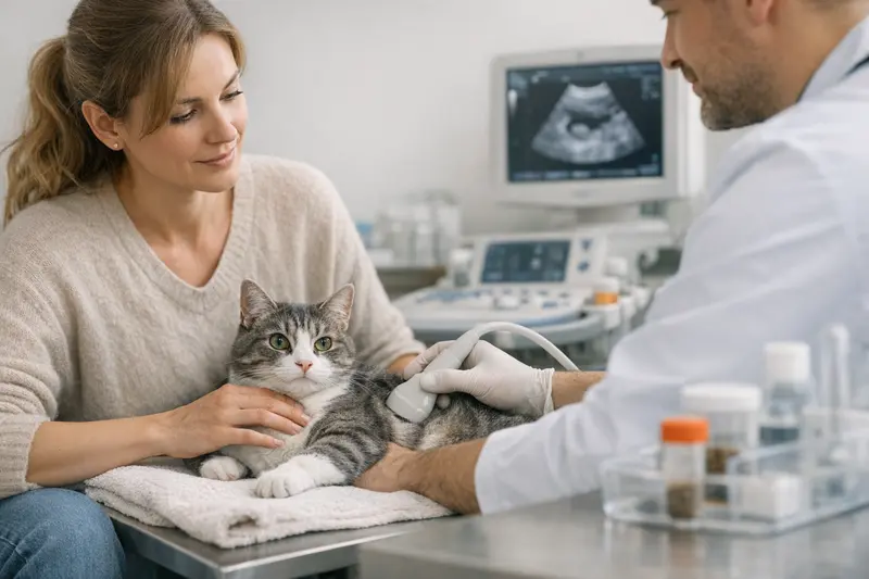 Ultraschalluntersuchung bei Katzen Eine Tierärztin untersucht eine Katze mit einem Ultraschallgerät.