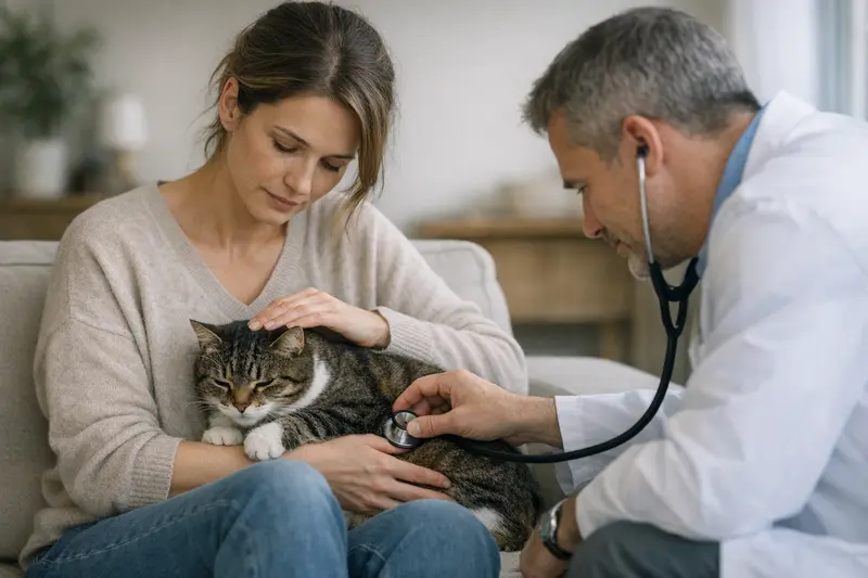 Eine besorgte Katze sitzt im Tierarztpraxis und zeigt Anzeichen von Unsauberkeit.