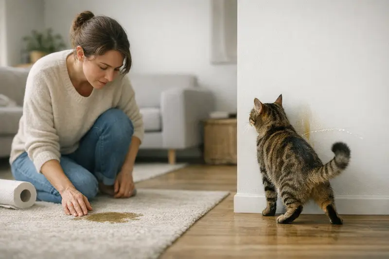 Katze markiert oder unsauber? Eine Katze untersucht eine vertikale Fläche, was auf Markieren hinweisen kann.