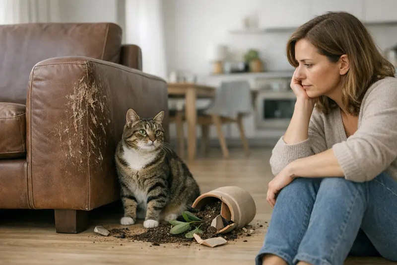 Mietschäden durch Katzen Katze in einer Mietwohnung, die versehentlich einen Gegenstand beschädigt.