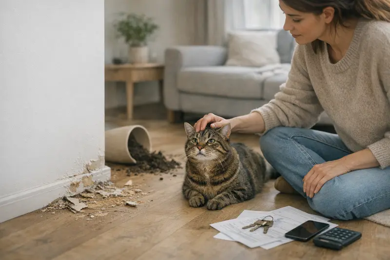 Eine Katze auf einem Mietvertrag, der wichtige Tarifmerkmale für Mietschäden zeigt.