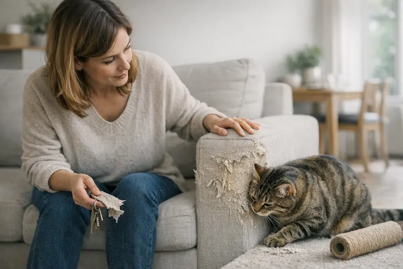 Katze auf einem Sofa, während eine Tierarztrechnung in der Nähe liegt, symbolisiert Mietschäden und Tierkrankenversicherung.