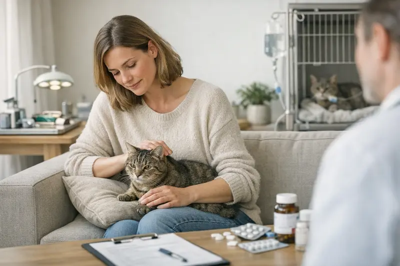 Katzenhalterin bespricht mit Tierarzt die verschiedenen Versicherungsoptionen für ihre Katze.