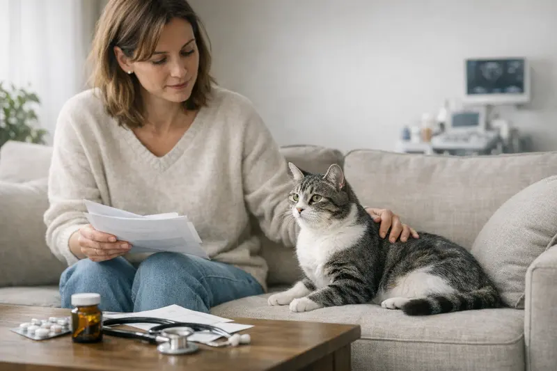 Katzenversicherung Tarifdetails Eine Katze sitzt entspannt auf einem Sofa und schaut neugierig auf eine Tierarztrechnung.