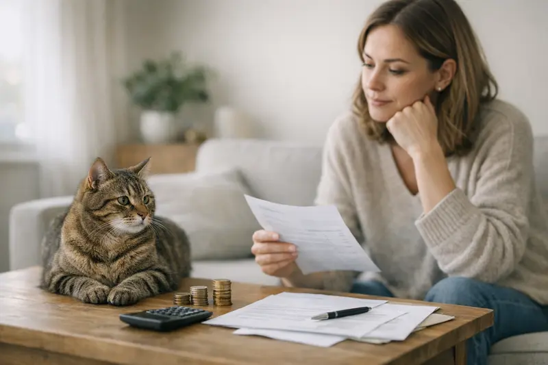 Katzenversicherung Eigenanteil und Beiträge Eine Katze sitzt auf einer Rechnung, die Tierarztkosten zeigt, um den Eigenanteil in einer Katzenversicherung darzustellen.