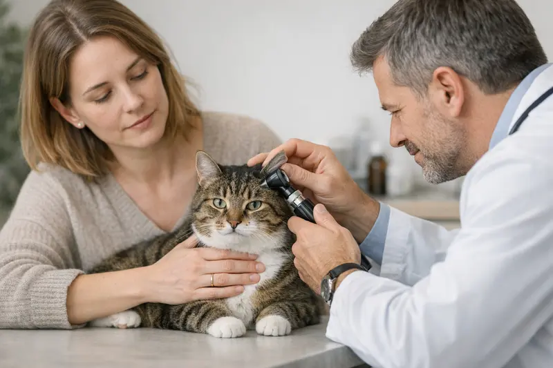 Milbenbehandlung bei Katzen Eine Katze beim Tierarzt, die auf Milben behandelt wird.