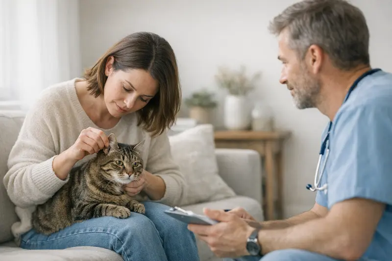Katzengesundheit: Ein Tierarzt untersucht eine Katze mit Hautproblemen und bespricht die Behandlung nach Juckreiz.