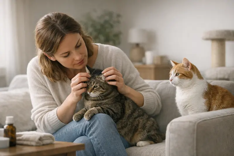 Eine Katze mit abgestütztem Kopf untersucht ein milbenfreies Haustier