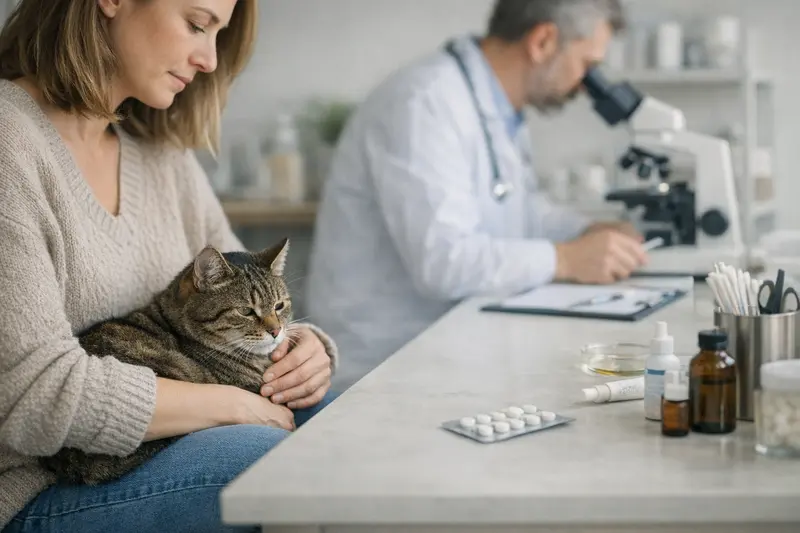 Tierarztleistungen bei Milbenbefall Tierarzt bei der Untersuchung einer Katze mit Milbenbefall