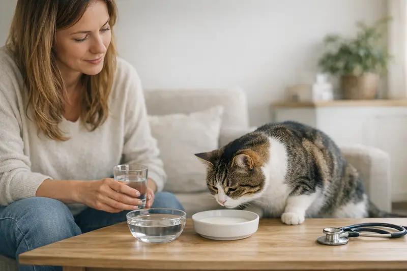 Eine Katze trinkt aus einem Schälchen mit Milch, während der Tierhalter beobachtet.