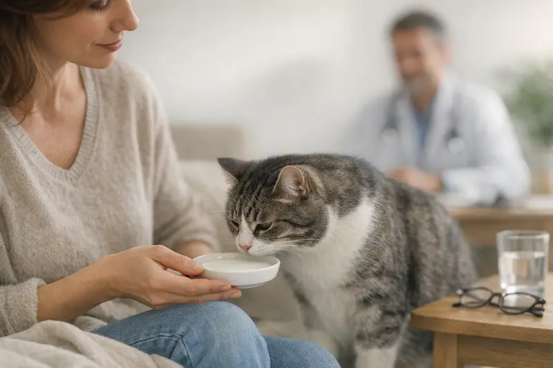 Laktosefreie Milch für Katzen Eine Katze trinkt laktosefreie Milch aus einer Schüssel.