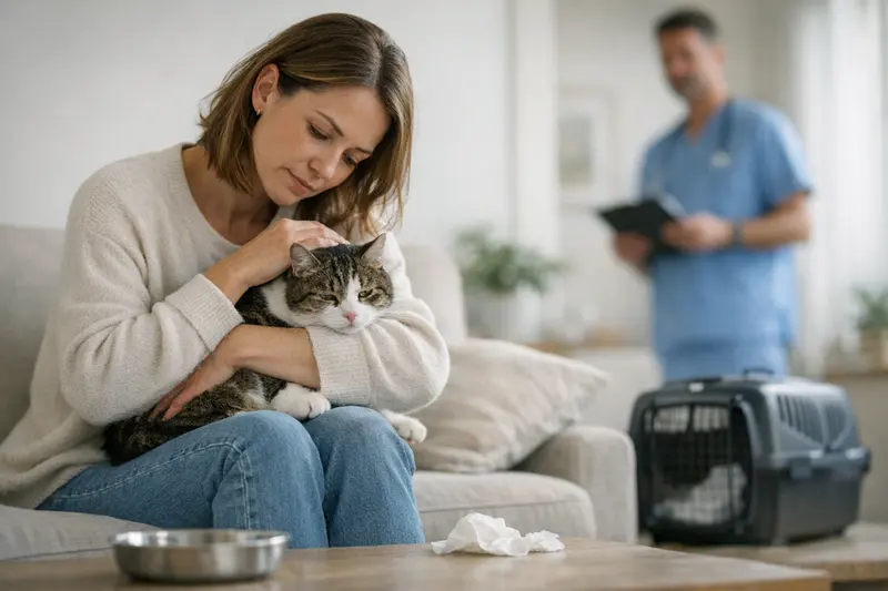 Eine besorgte Katzenbesitzerin zeigt eine katzenfreundliche Umgebung und denkt darüber nach, ob sie mit ihrer Katze zum Tierarzt wegen Durchfall oder Erbrechen gehen sollte.