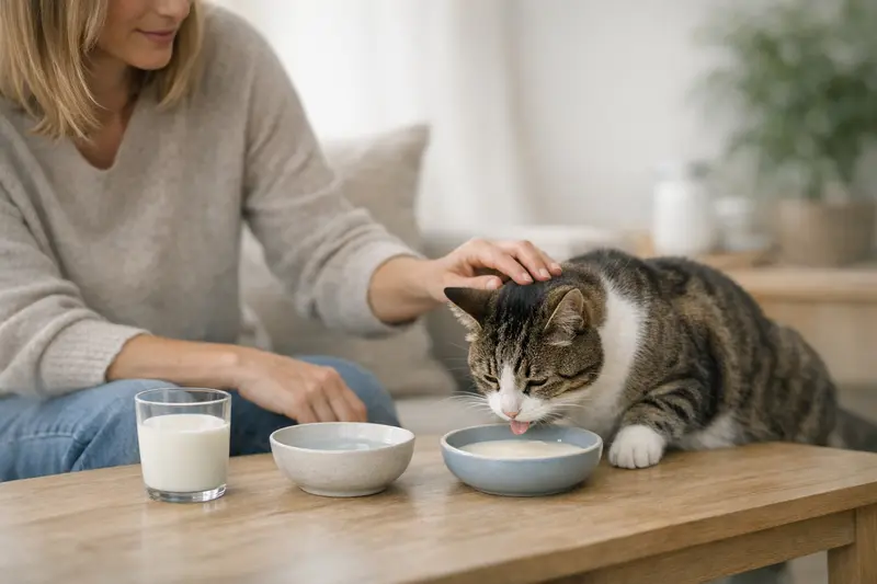 Katze mit Katzenmilch Eine Katze genießt eine Schüssel spezielle Katzenmilch, die laktosereduziert ist und für ihre Gesundheit geeignet ist.