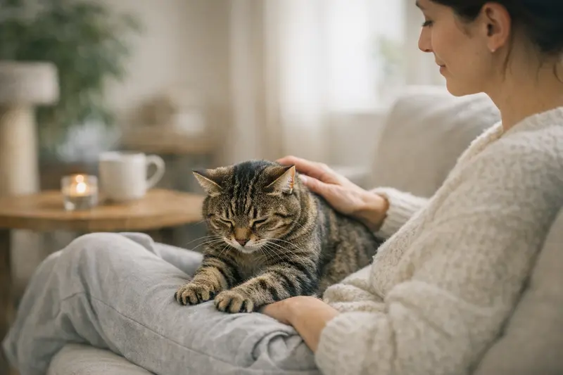 Eine Katze zeigt Milchtritt in einer ruhigen Umgebung, was Zufriedenheit signalisiert.