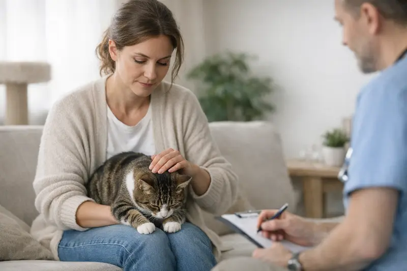 Tierarztbesuch wegen Milchtritt bei Katzen Eine besorgte Katzenhalterin beobachtet ihre Katze, die vermehrt Milchtritt zeigt und überlegt, ob ein Tierarztbesuch nötig ist.