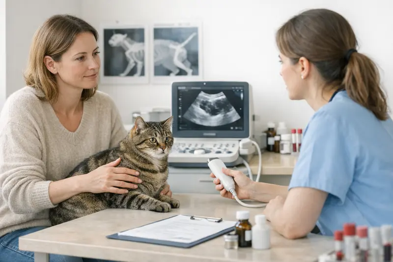 Tierarztkosten bei Verhaltensänderungen bei Katzen Tierarzt untersucht eine Katze wegen Verhaltensänderungen.