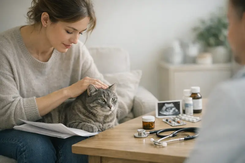 Tipps zum Tarifabschluss bei Katzenversicherungen Katze beim Tierarzt, die auf die Beratung zur Katzenversicherung wartet.