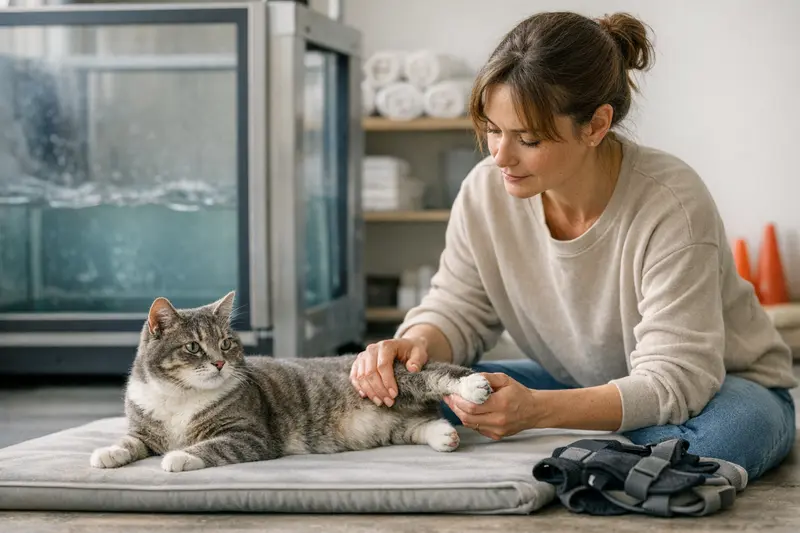 Eine Katze erhält Physiotherapie zur Unterstützung ihrer Mobilität.