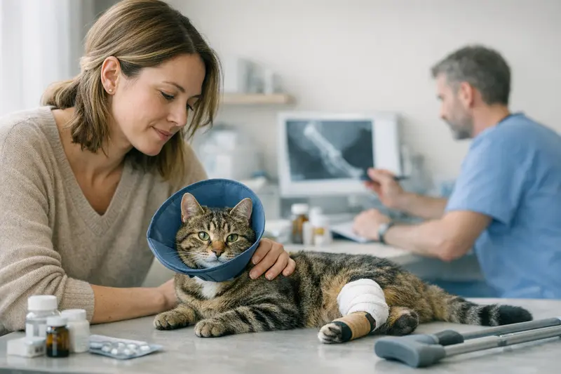 Katzenbesitzerin mit ihrer Katze beim Tierarzt, diskutiert über Mobilitätsprobleme.