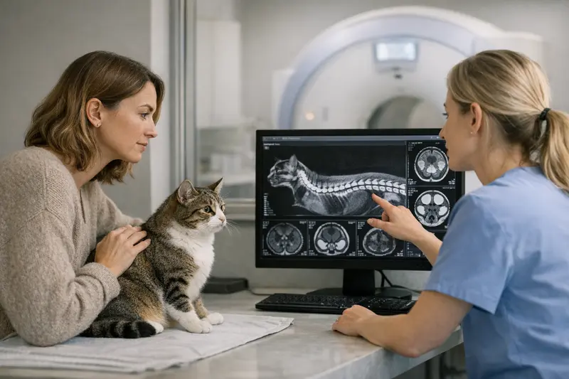 Tierarzt untersucht eine Katze mit Mobilitätsproblemen mithilfe von CT oder MRT.
