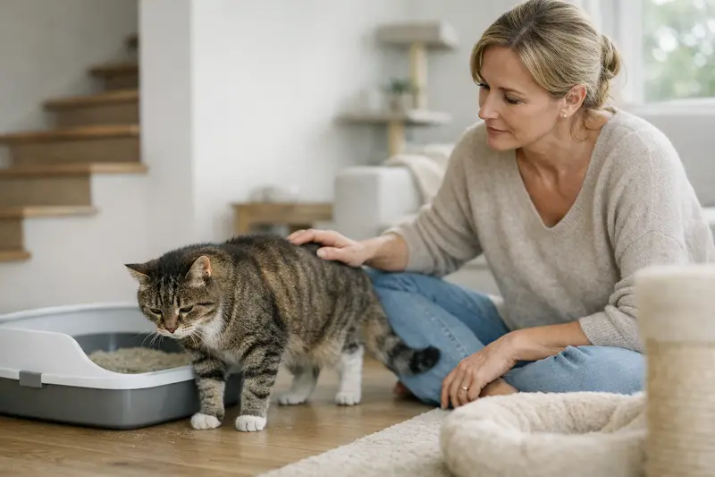 Eine Katze sitzt zögerlich an einer Treppe, was auf mögliche Mobilitätsprobleme hinweisen könnte.