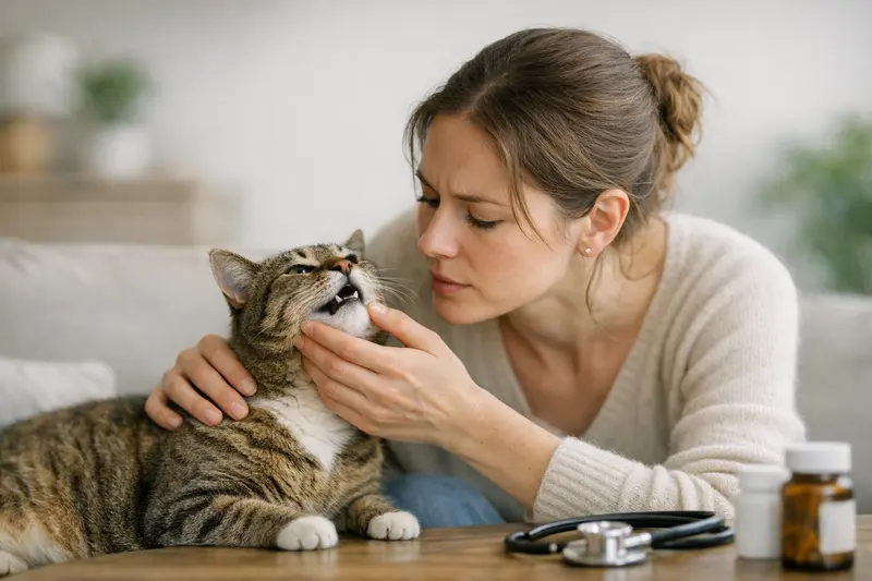 Eine Katze mit Mundgeruch, die zum Tierarzt gebracht wird, um mögliche Gesundheitsprobleme zu überprüfen.