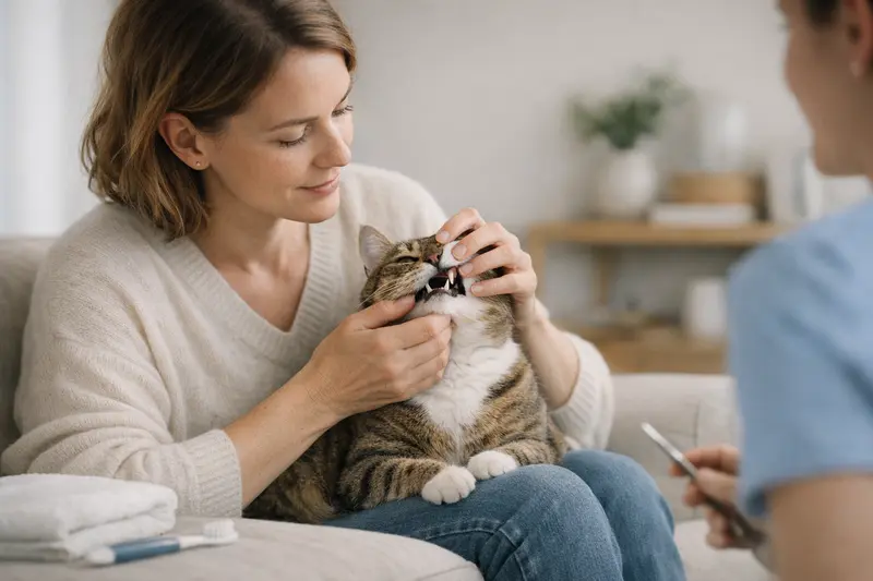 Eine Katze beim Zahnarzt für regelmäßige Zahnkontrollen, um Mundgeruch vorzubeugen.