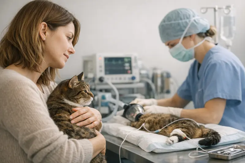 Eine Katze erhält eine Zahnuntersuchung unter Narkose vom Tierarzt.