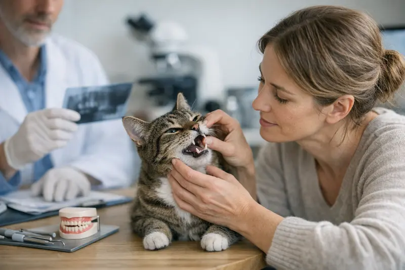 Wichtige Tarifleistungen bei Mundgeruch bei Katzen Die Zähne einer Katze mit Zahnbelag, die auf Mundgeruch hinweisen können.