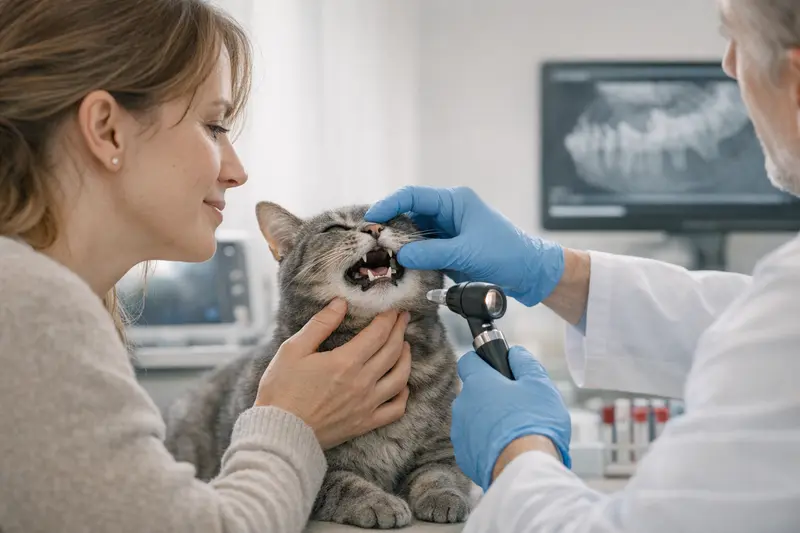 Untersuchung der Katze auf Mundgeruch Eine Katze wird von einem Tierarzt bei der Untersuchung des Maulraums betrachtet.