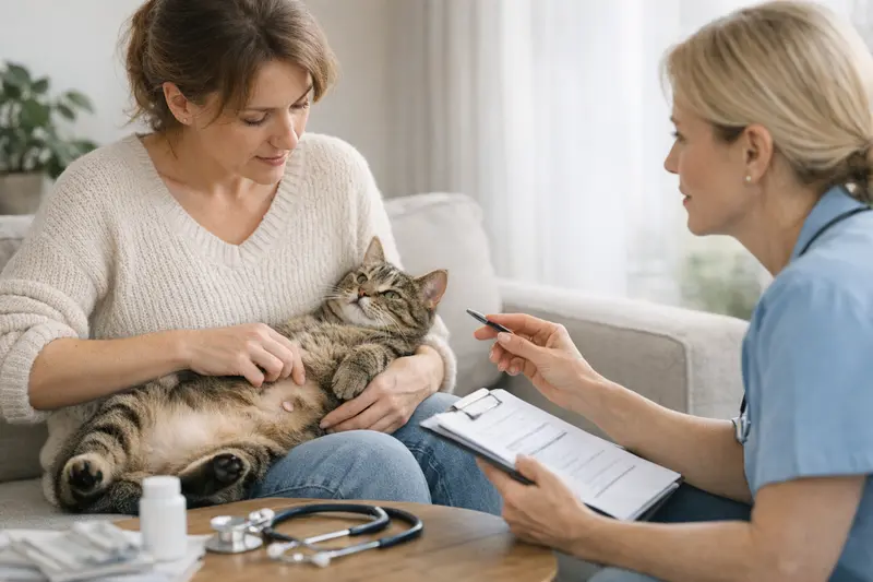 Katze mit Nabelbruch beim Tierarzt Eine Katze mit Nabelbruch, die beim Tierarzt untersucht wird, symbolisiert die Bedeutung von Tierkrankenversicherungen bei Vorerkrankungen.