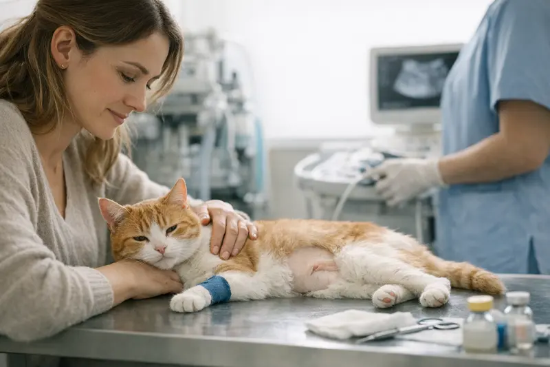 Tierärztliche Untersuchung bei Nabelbruch Tierärztliche Untersuchung eines katze mit Nabelbruch zur Einschätzung der OP-Kosten