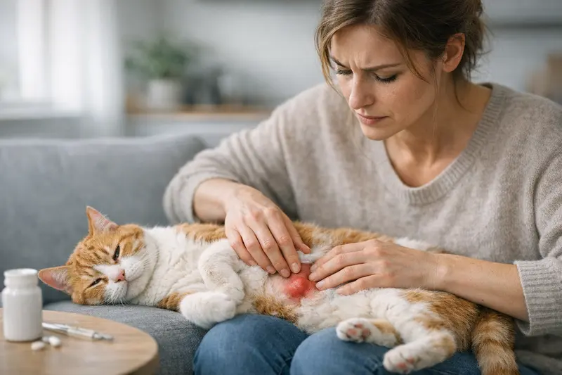 Nabelbruch bei Katzen erkennen Eine Katze mit geschwollenem Bauch, die Anzeichen eines Nabelbruchs zeigt.