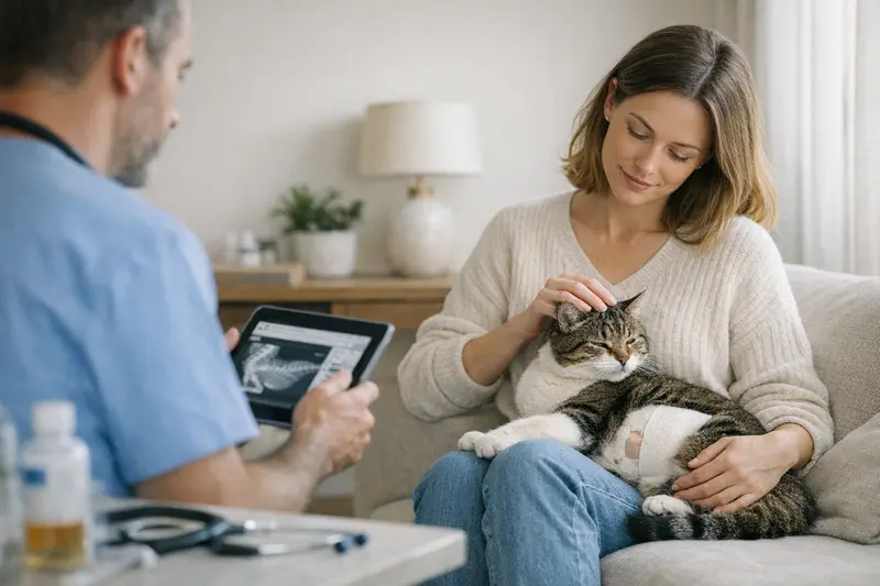 Voruntersuchungen und Nachsorge in der OP-Versicherung für Katzen Eine Katze während einer veterinärmedizinischen Untersuchung zur Klärung der OP-Versicherungskosten.