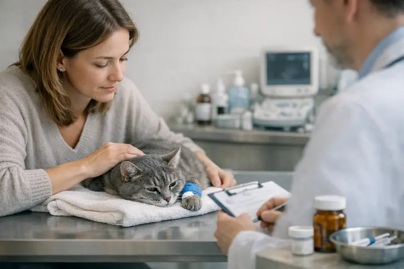 Tierarztuntersuchung einer Katze in einer sicheren Umgebung zur Klärung von Gesundheitsfragen.