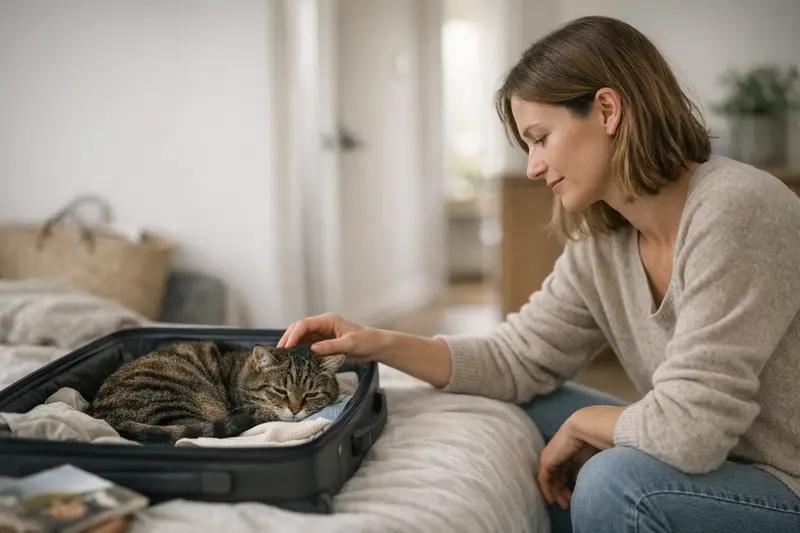 Eine Katze sitzt entspannt auf einem Fensterbrett nach einer Reise und zeigt normales Verhalten.