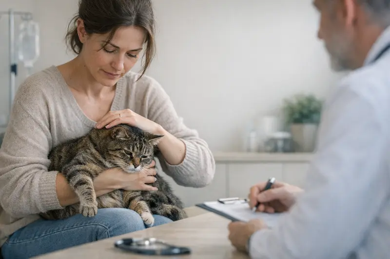 Katzendoktor untersucht eine Katze mit neurologischen Symptomen während des Arztbesuchs.