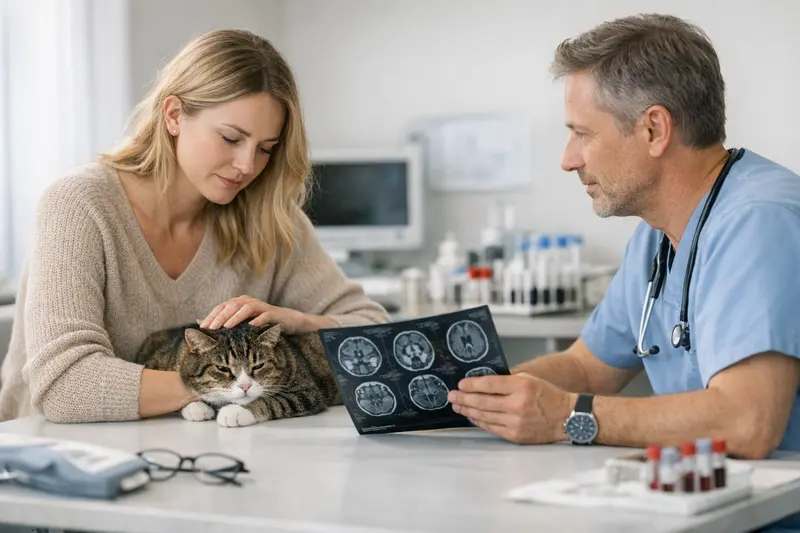 Katzenuntersuchung beim Tierarzt Eine Katze wird vom Tierarzt untersucht, um neurologische Symptome zu diagnostizieren.