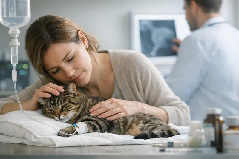 Katzenversicherung Notfallbehandlungen Eine besorgte Katzenbesitzerin, die mit ihrem Tierarzt über Notfallbehandlungen spricht.
