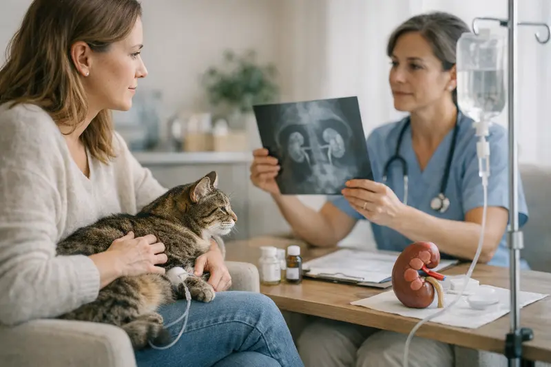Katzenbesitzerin beim Tierarzt, diskutiert über die OP-Versicherung für Niereninsuffizienz.