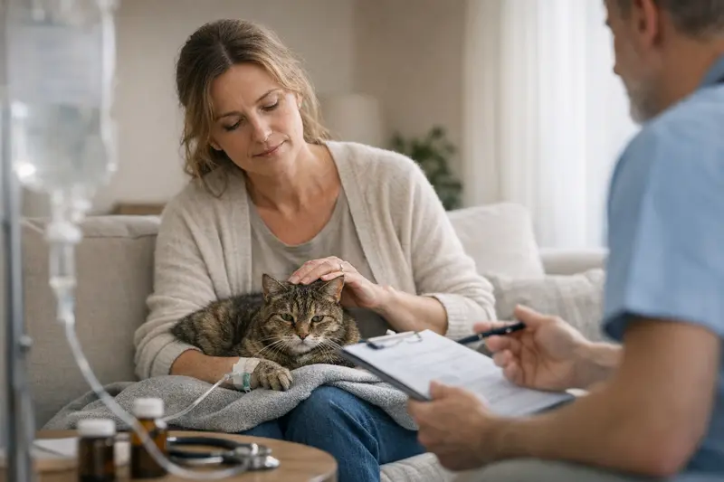 Katzenversicherung bei Vorerkrankungen Eine besorgte Katzenhalterin untersucht die Symptome ihrer älteren Katze.