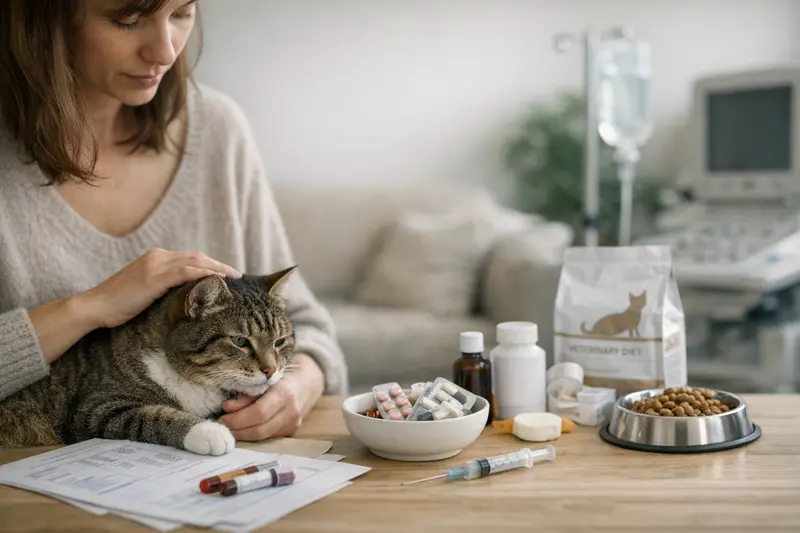 Tierarzt untersucht eine Katze auf Niereninsuffizienz und bespricht die anfallenden Kosten mit dem Halter.